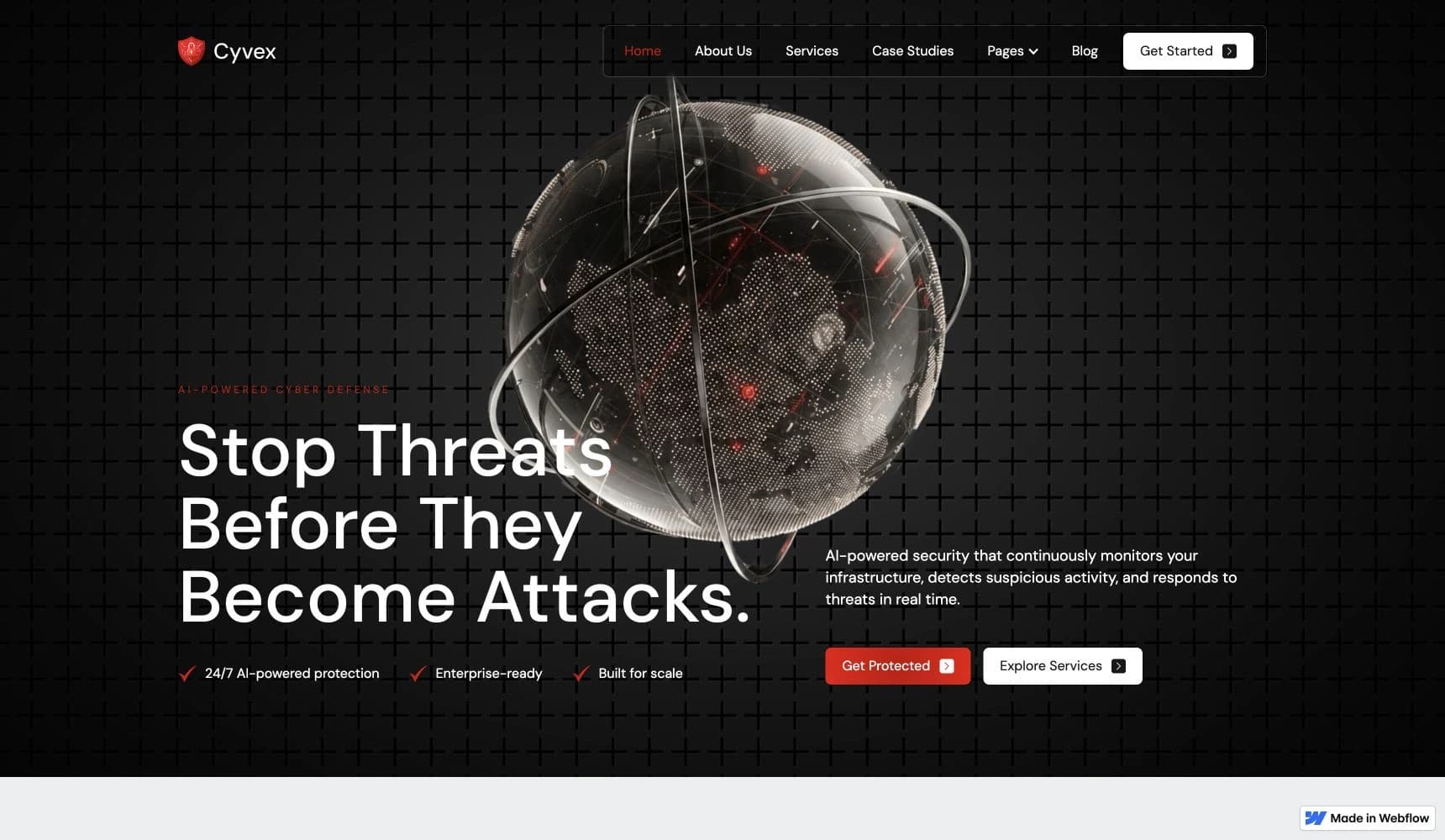 Cyvex cybersecurity homepage with a dark grid, red accents, and a metallic globe behind the headline.