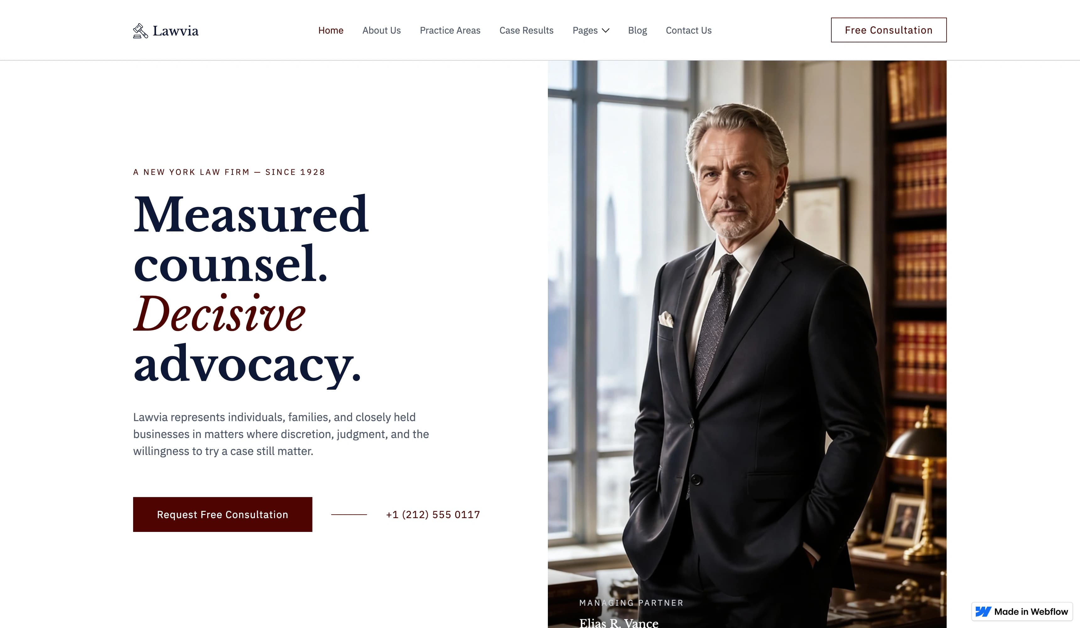 Lawvia legal website homepage with serif typography, attorney portrait, and consultation link.