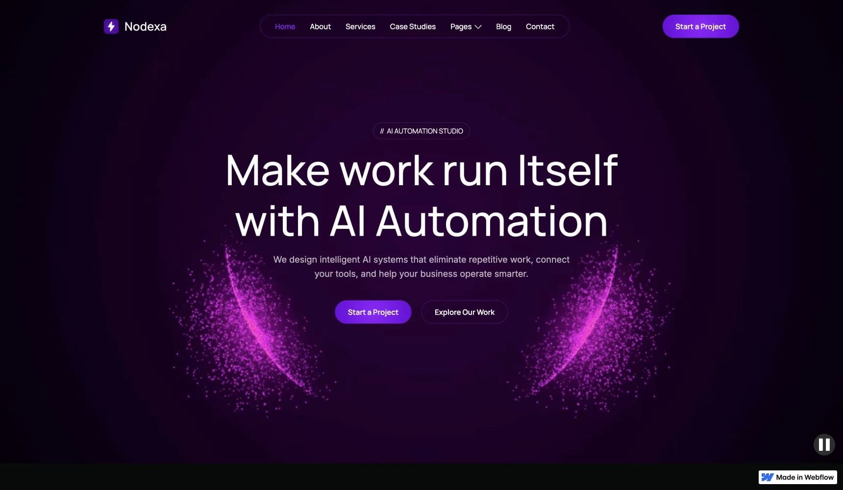 Nodexa AI automation homepage with large white typography, purple accents, and an animated particle background.