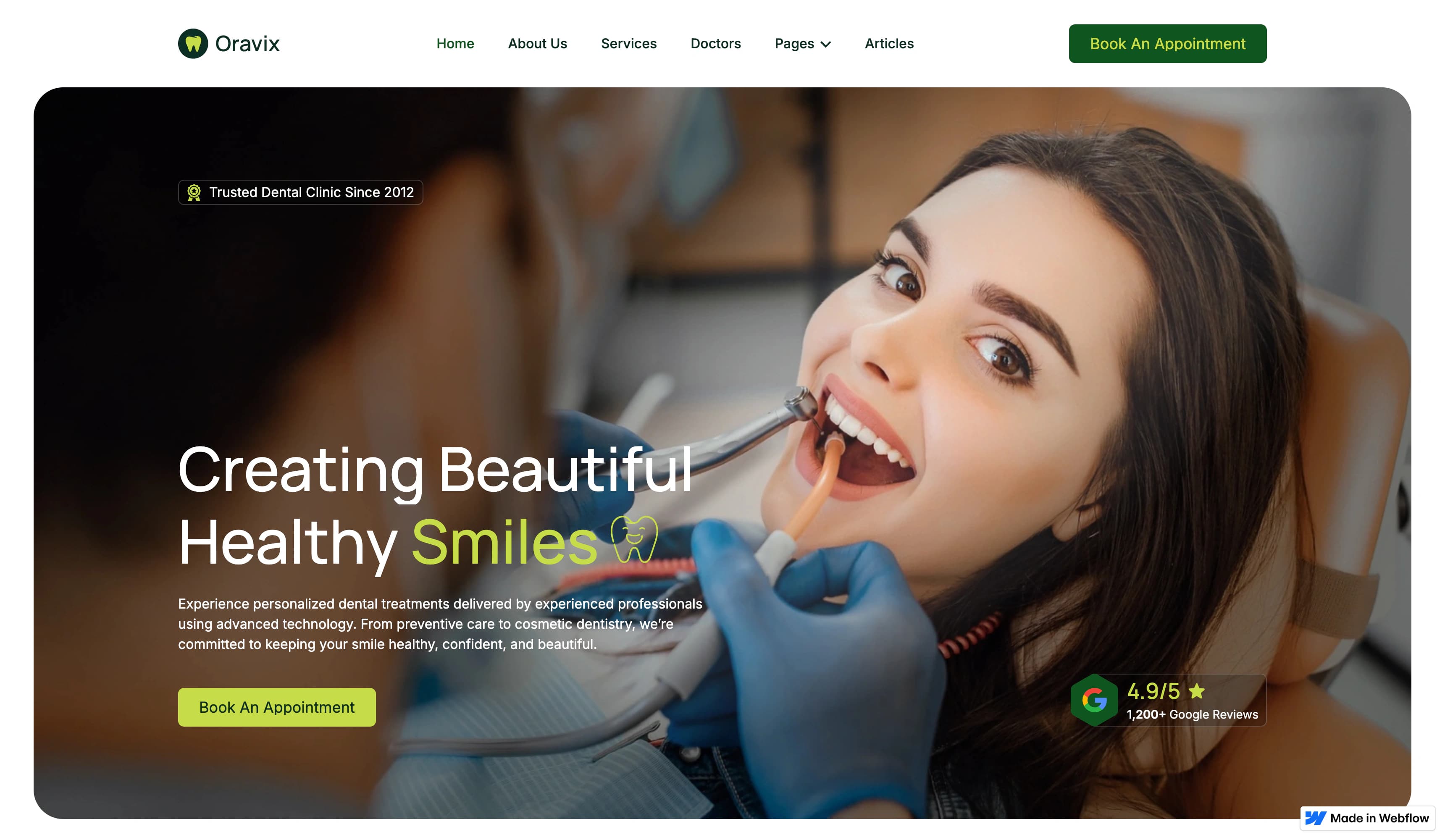 Oravix dental website homepage with treatment photography and a prominent appointment action.