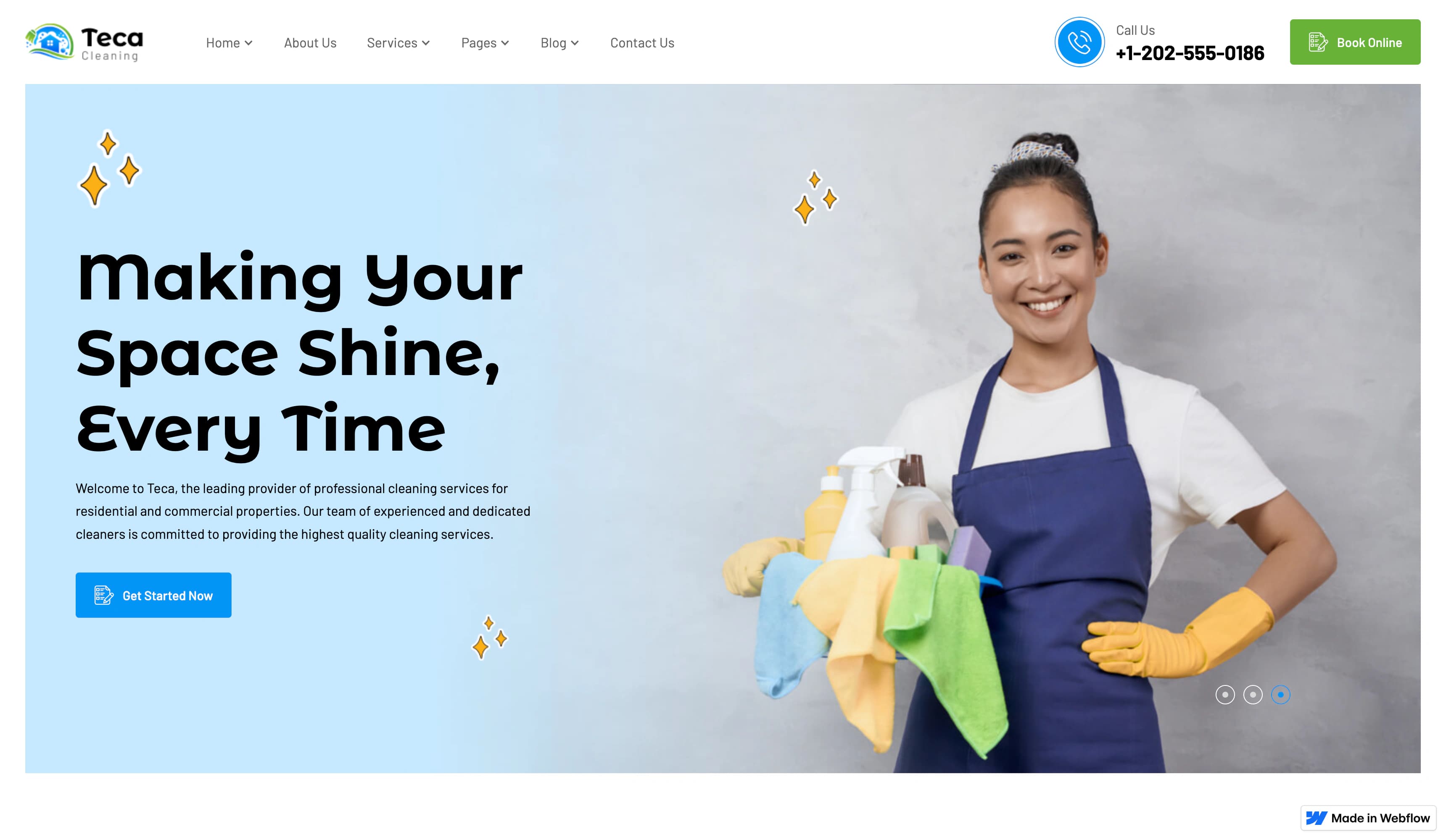 Teca Cleaning Services homepage with service choices and quote enquiry navigation.