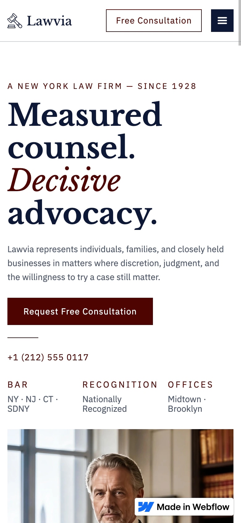 Lawvia homepage at a 390-pixel mobile viewport