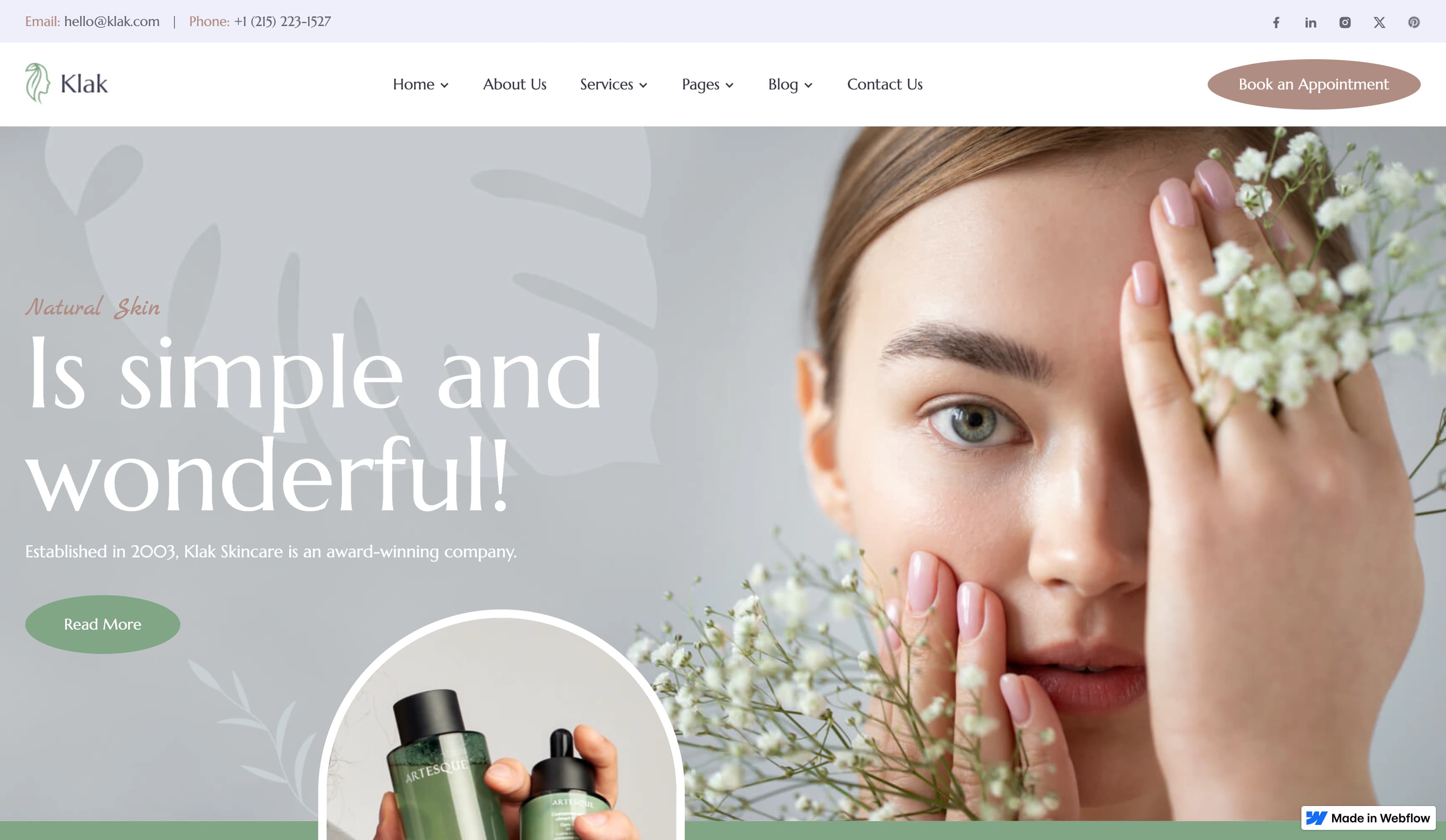 Face Care Beauty Clinic homepage with skincare treatments and appointment navigation.